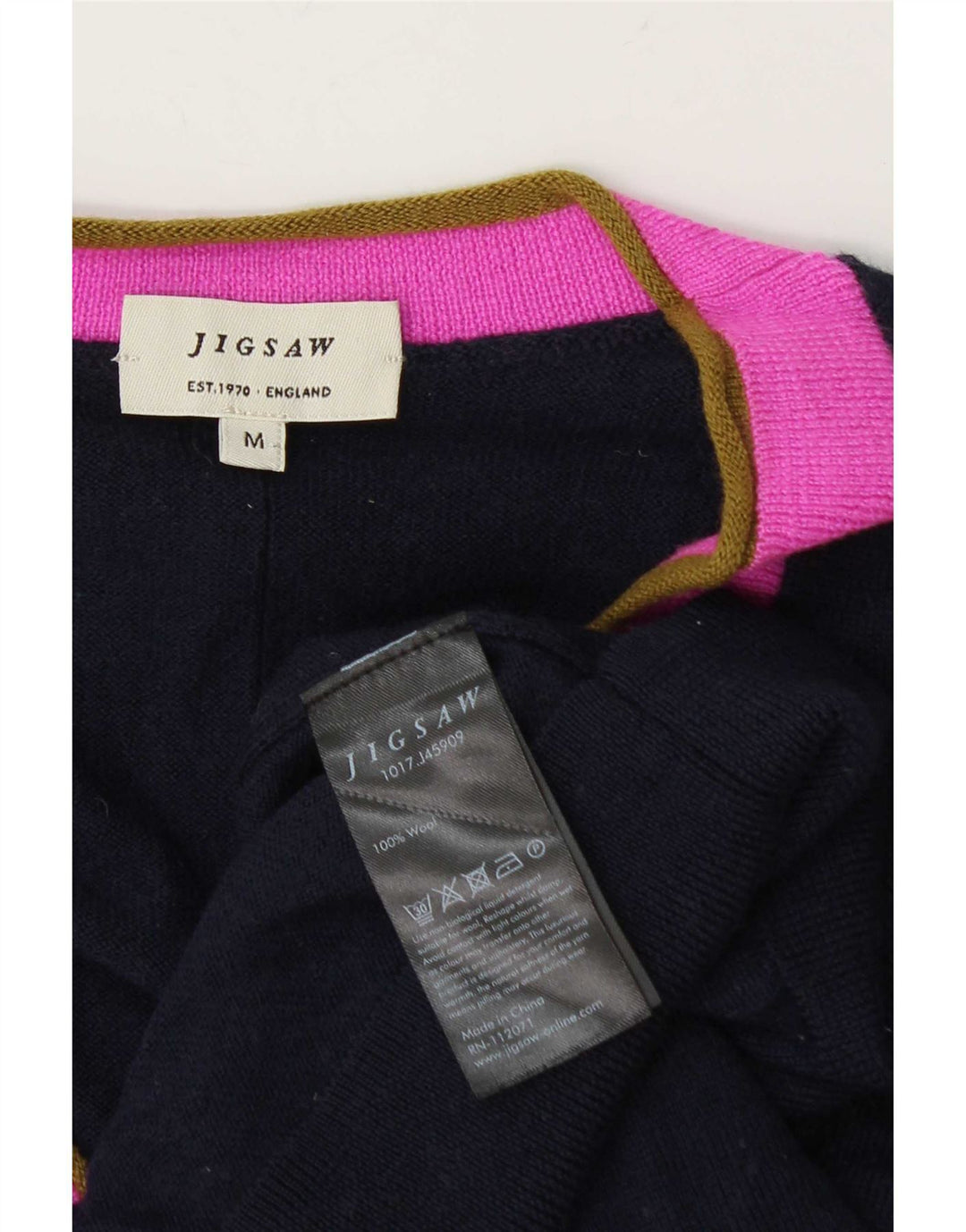 Suéter tipo cárdigan para mujer Jigsaw UK 40 Lana mediana azul marino con bloques de color