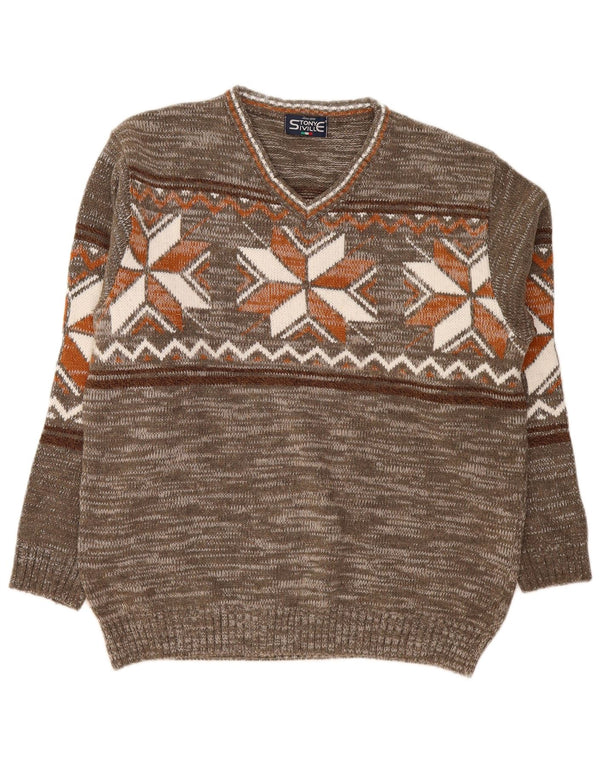 Vintage hombres V-cuello jumper suéter grande caqui feria isla acrílico