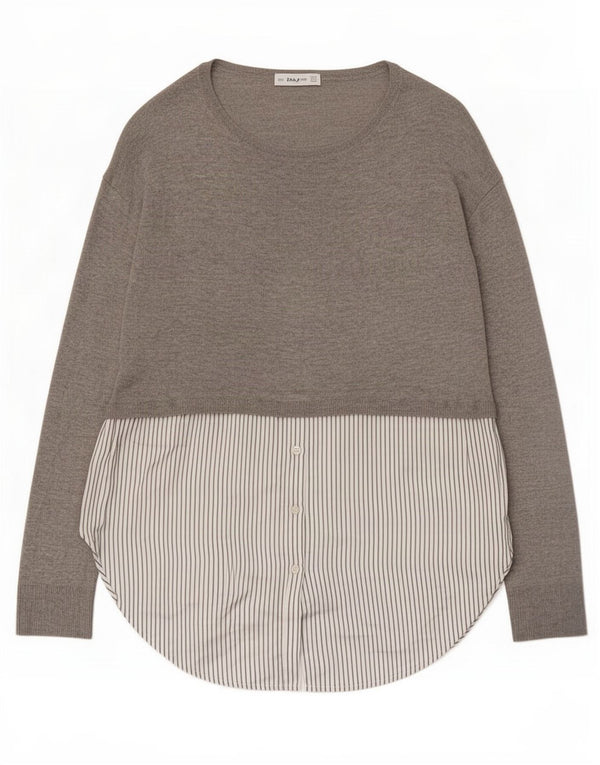 Zara Mujer Top Túnica De Manga Larga UK 40 Pequeño Poliéster Color Block Gris