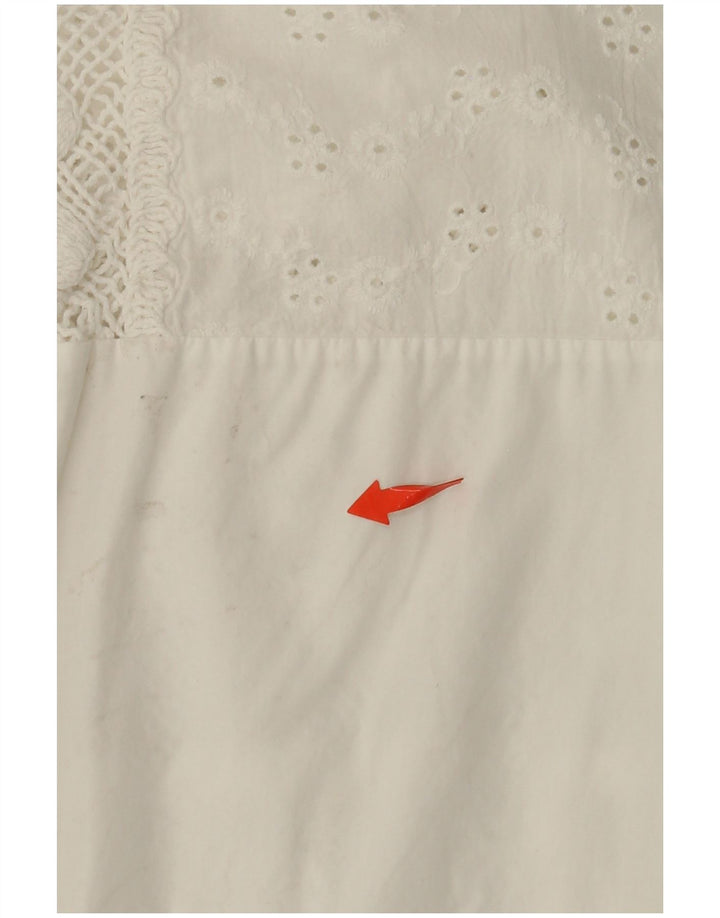 VINTAGE Mujer 3/4 Manga Camisa Blusa Reino Unido 14 Medio Blanco Floral Algodón