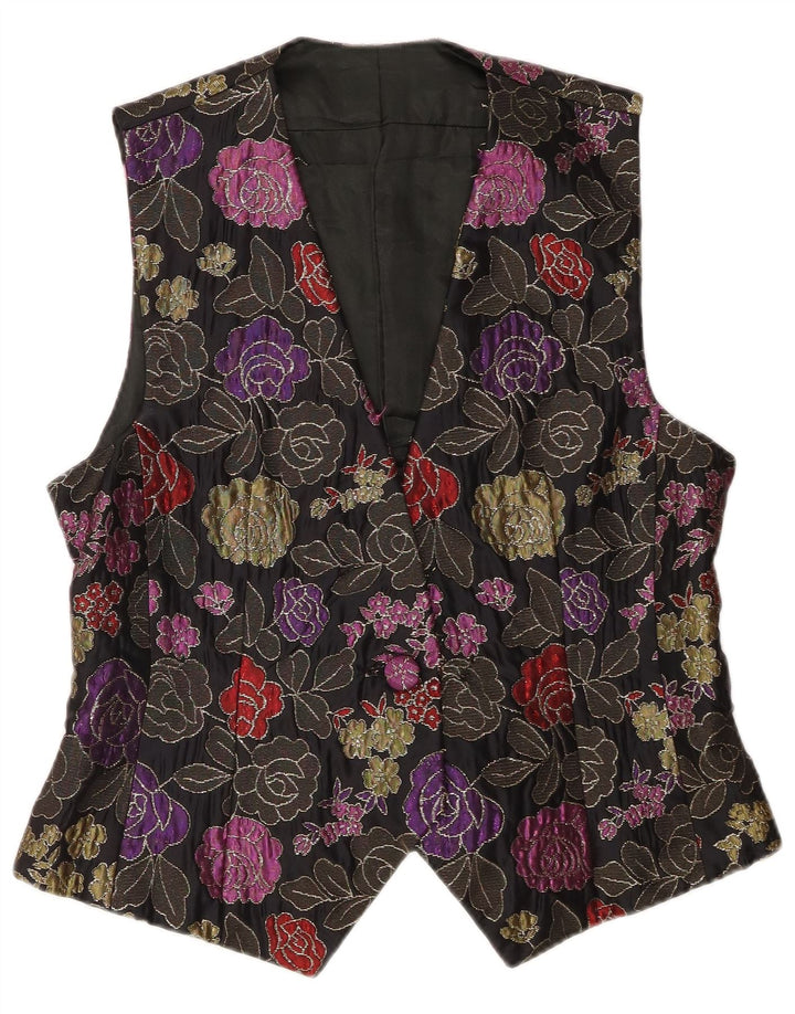 Vintage mujer chaleco Reino Unido 12 medio negro floral