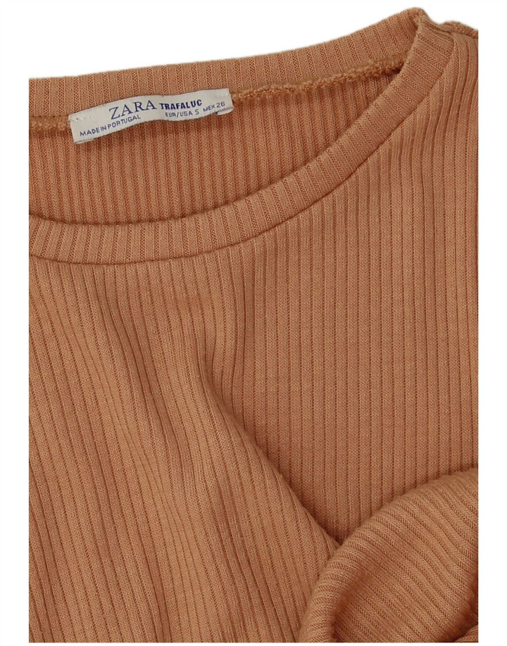 Zara Mujer Crop Camiseta Top UK 10 Small Marrón Poliéster