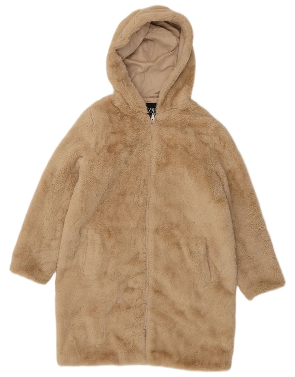 Zara Abrigo cortavientos de piel sintética con capucha de gran tamaño para mujer UK 10 Small Beige