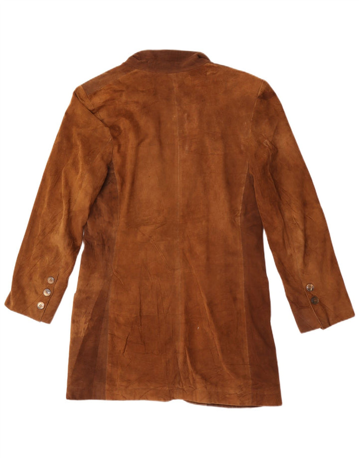 Vintage mujer longline 1 botón ante Blazer chaqueta Reino Unido 10 pequeño marrón