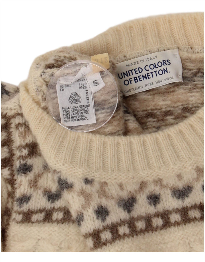 Benetton Jersey De Cuello Redondo Para Hombre Pequeño De Lana Fair Isle En Blanco Roto