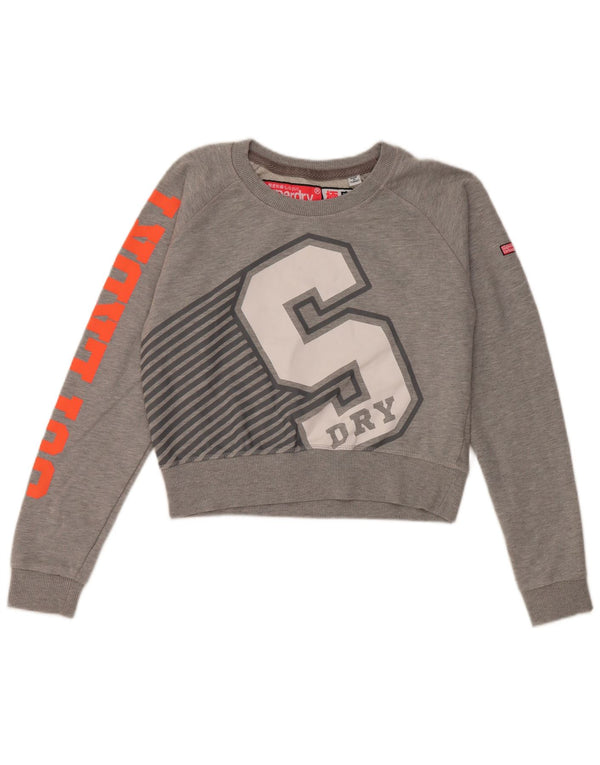 Superdry Mujer Graphic Crop Sudadera Jumper UK 10 Small Gris Algodón