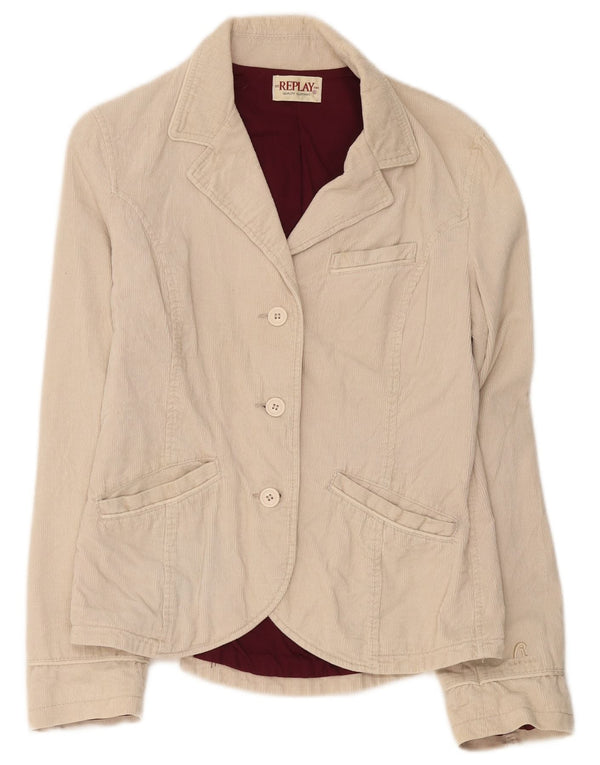 Replay Chaqueta tipo blazer de pana con 3 botones para mujer UK 44 Grande Algodón beige
