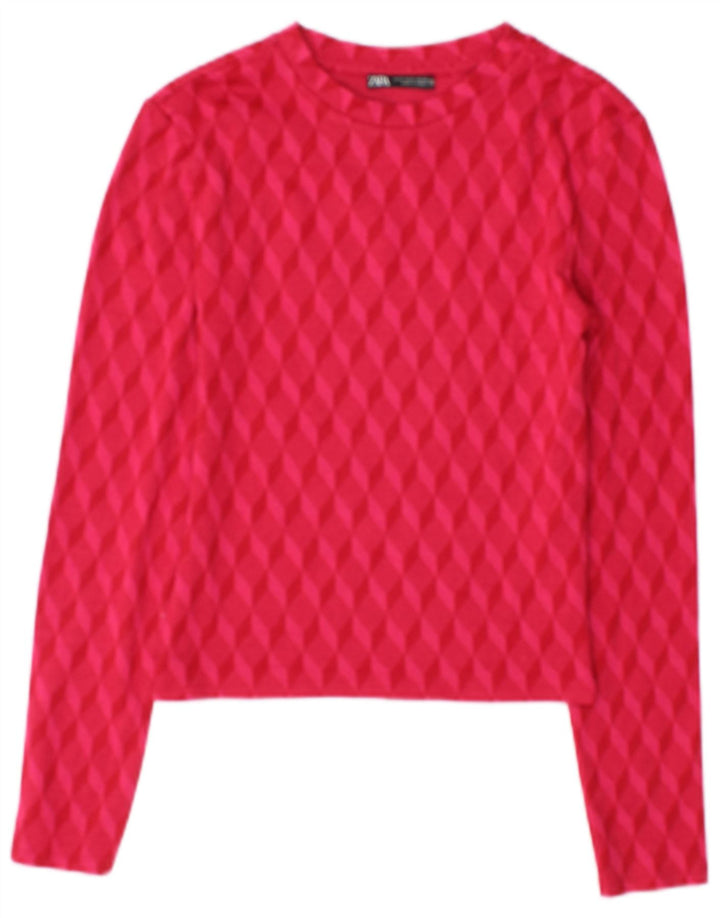 Zara Mujer Crop Top Manga Larga UK 40 Pequeño Rosa Geométrico Poliéster