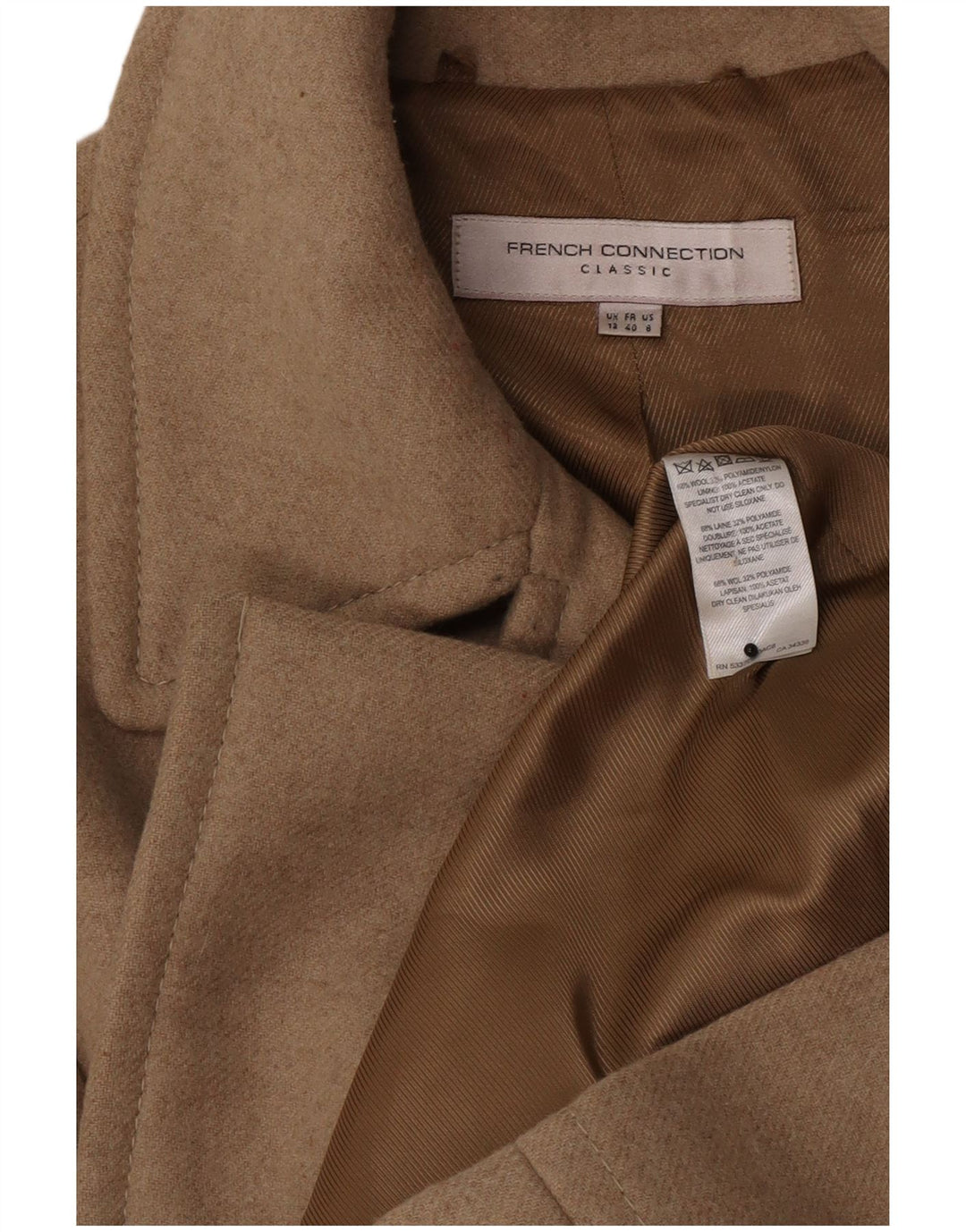 French Connection Abrigo cruzado para mujer UK 42 Lana beige medio