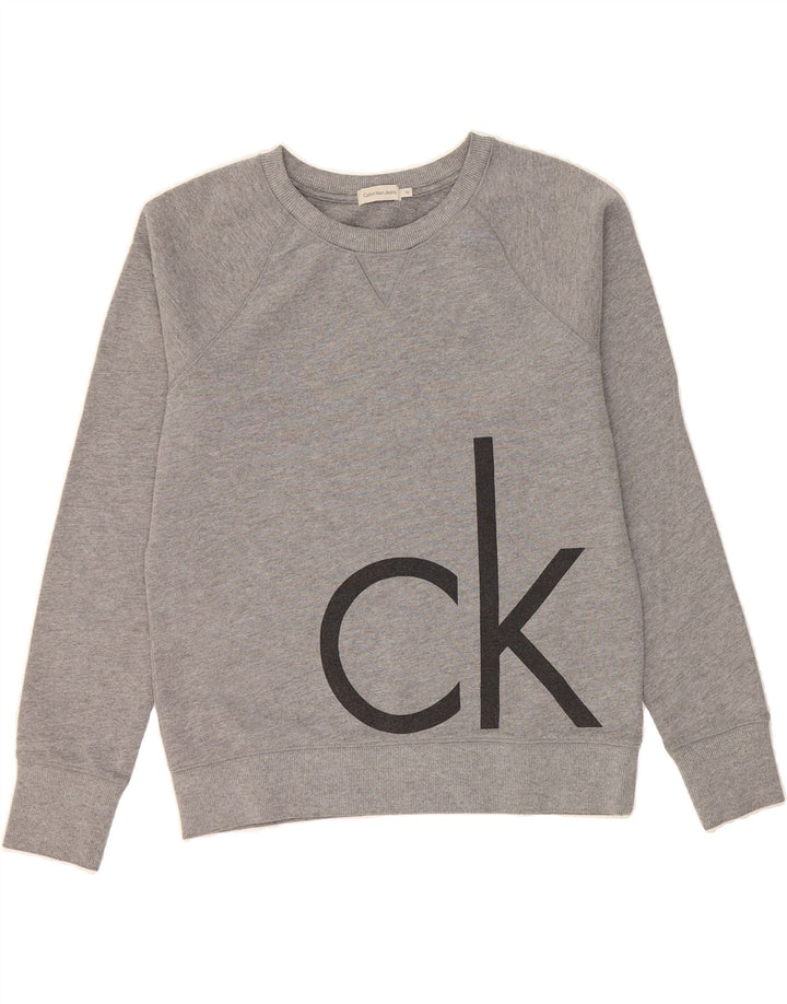 CALVIN KLEIN JEANS Womens Graphic Sweatshirt Jumper UK 14 Medium Grey Vintage Calvin Klein Jeans and Second-Hand Calvin Klein Jeans from Messina Hembry 