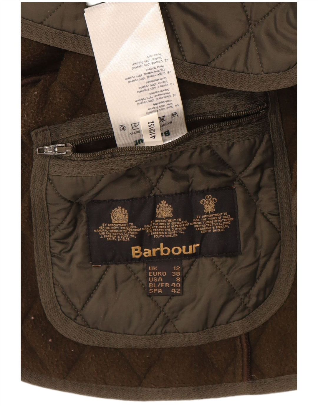 BARBOUR Chaleco acolchado para mujer UK 12 Mediano Caqui Poliamida