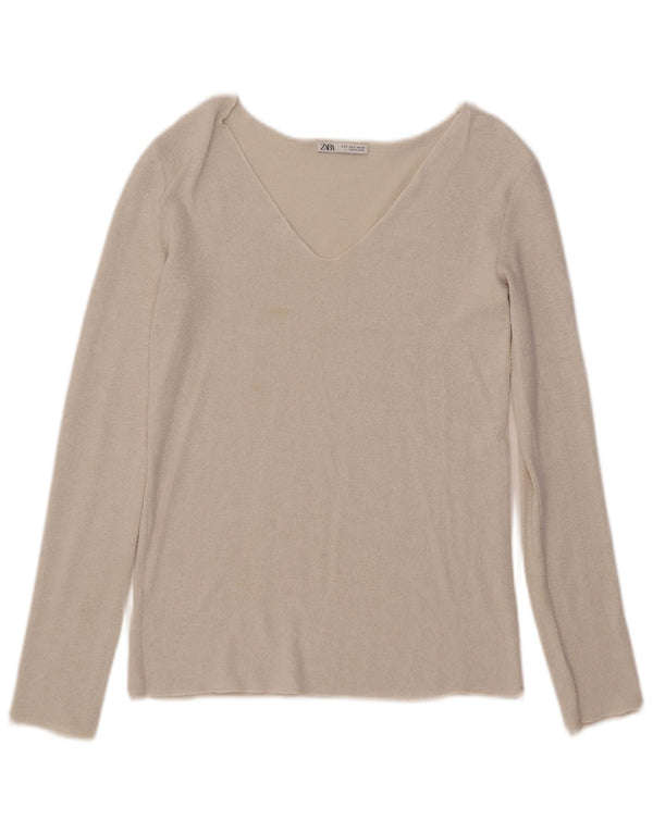 Zara Mujer Top Manga Larga UK 10 Small Blanco