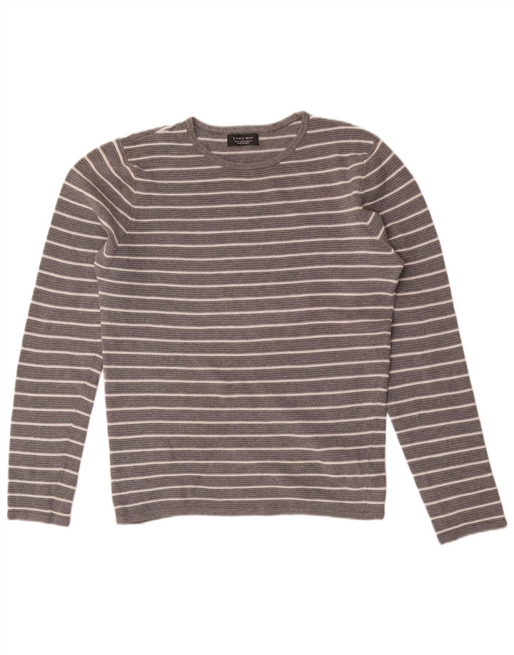 Zara Hombre Top Manga Larga Algodón Rayas Gris Medio