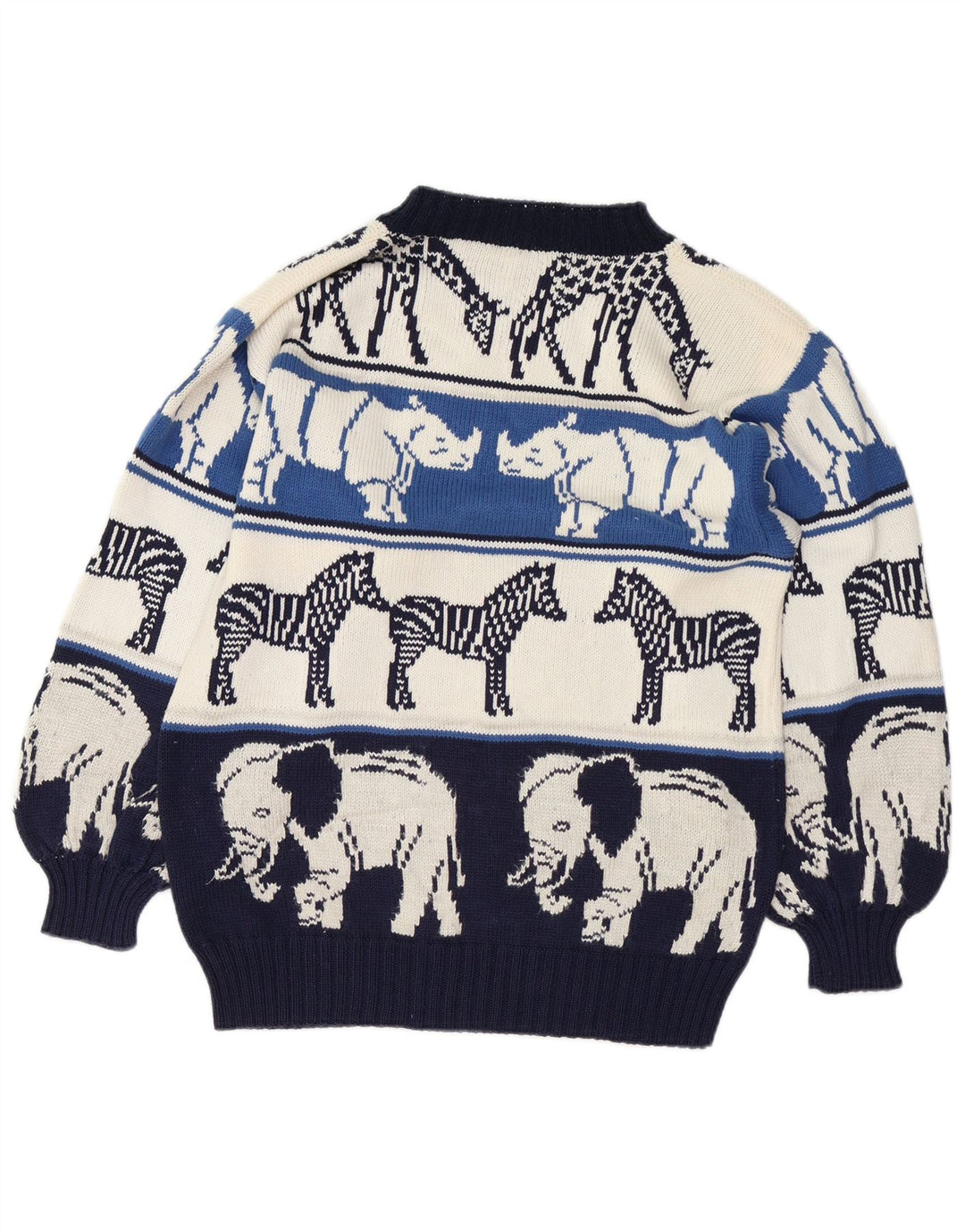 VINTAGE suéter de cuello redondo para mujer Reino Unido 18 XL estampado animal azul marino