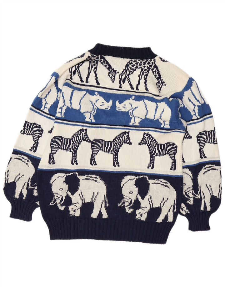 VINTAGE suéter de cuello redondo para mujer Reino Unido 18 XL estampado animal azul marino