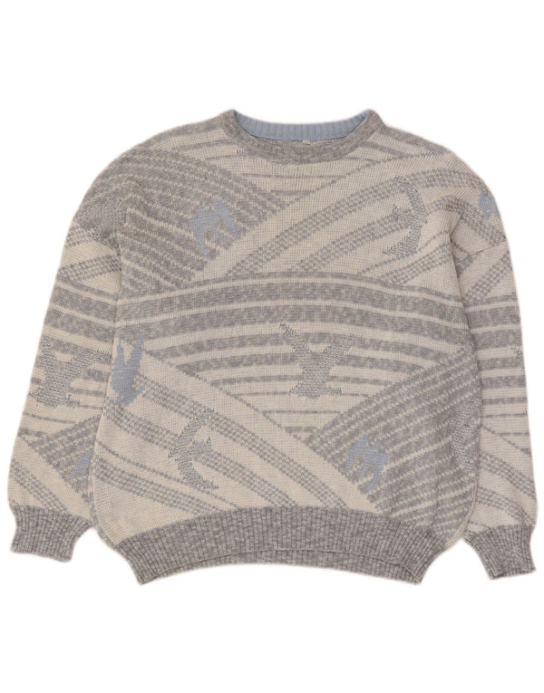 Vintage hombres cuello redondo jersey suéter IT 50 gris medio geométrico