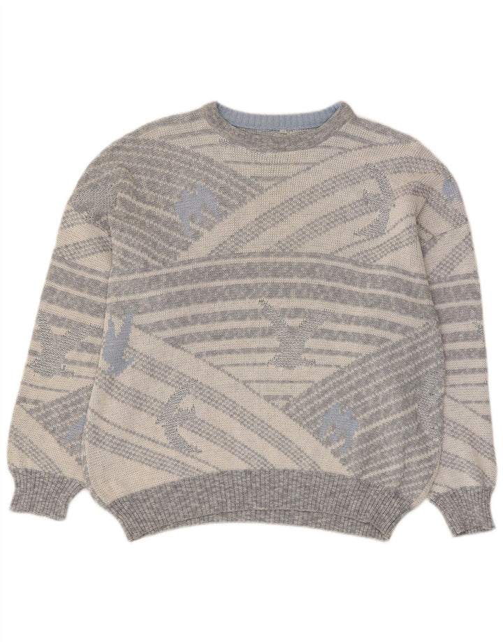 Vintage hombres cuello redondo jersey suéter IT 50 gris medio geométrico