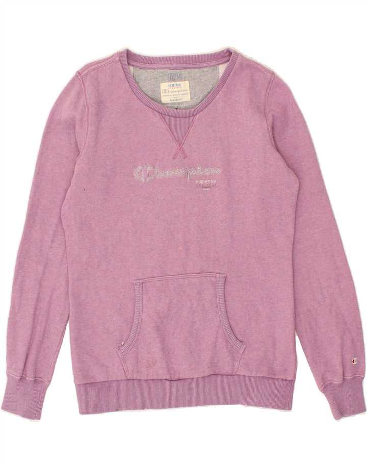 CHAMPION Womens Graphic Sweatshirt Jumper UK 12 Medium Pink Cotton | Vintage Champion | Thrift | Second-Hand Champion | Used Clothing | Messina Hembry 