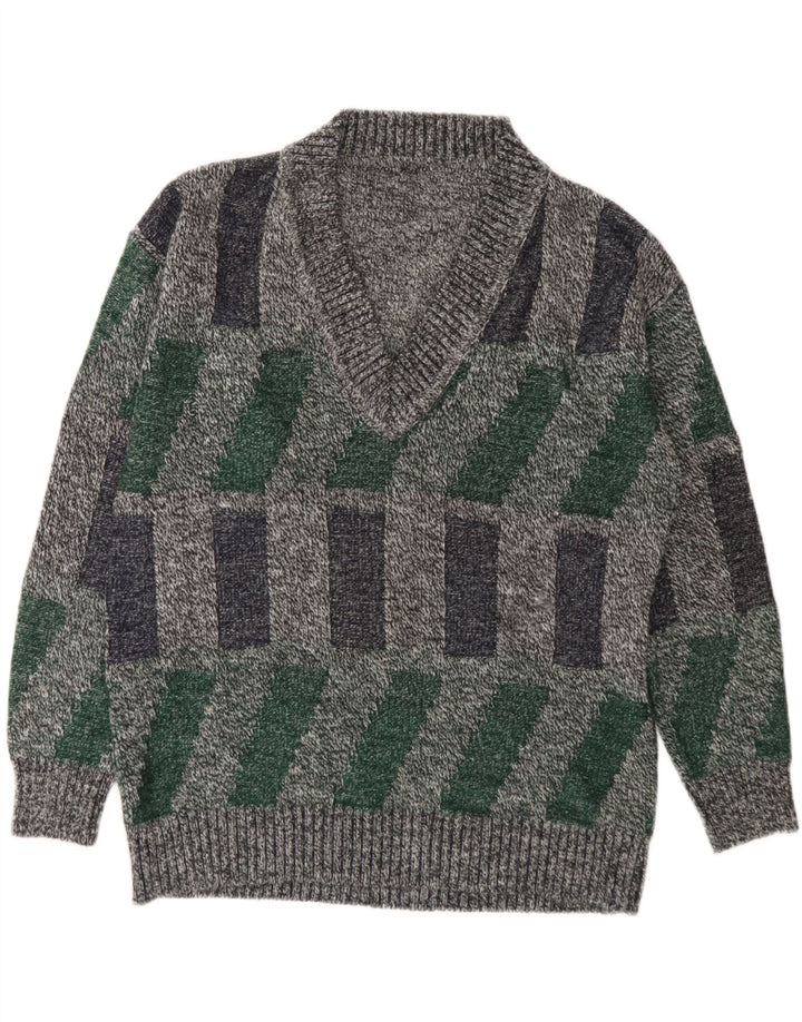VINTAGE Mens V-Neck Jumper Sweater Large Grey Geometric Vintage Vintage and Second-Hand Vintage from Messina Hembry 