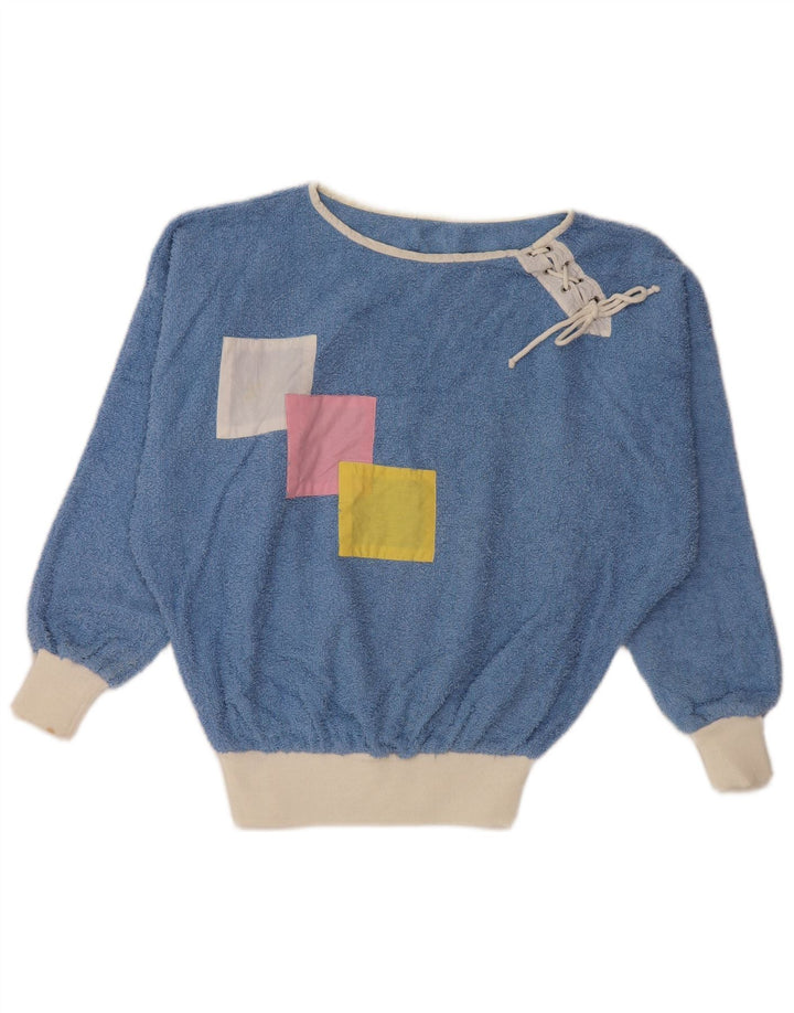 VINTAGE Mujer Barco Cuello Jersey Suéter Reino Unido 16 Grande Azul Colorblock