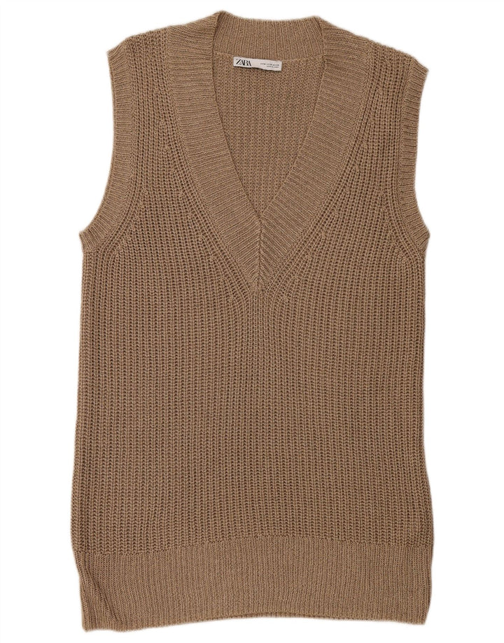 Zara Mujer Longline Vest Tank Top UK 44 Marrón Medio Poliéster