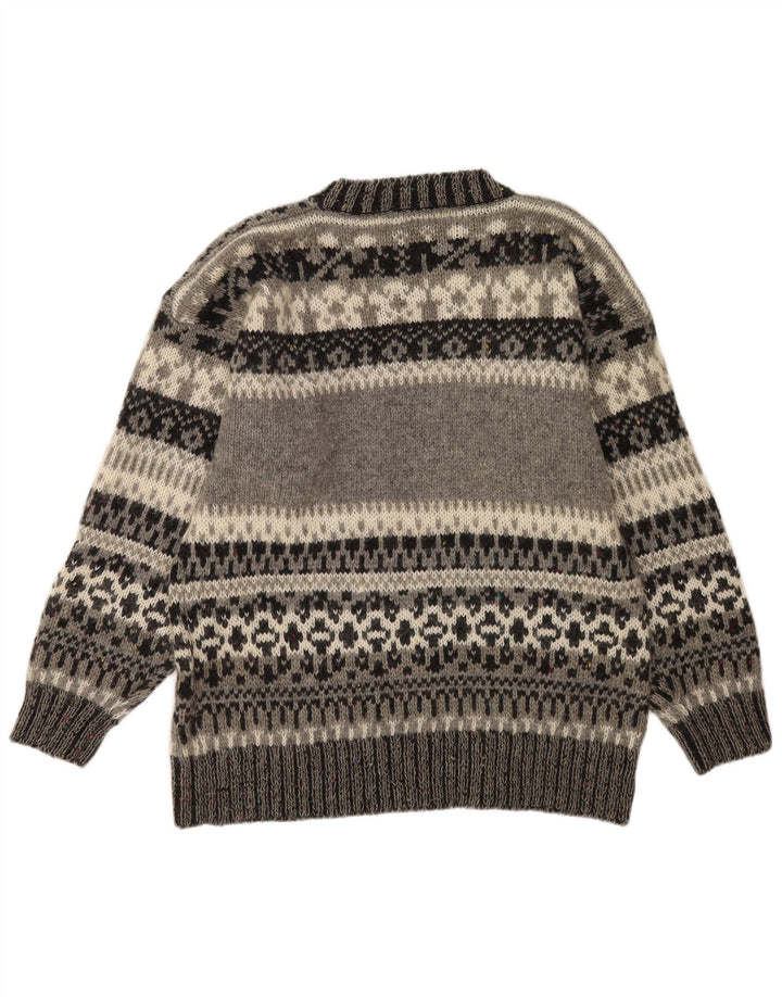Vintage hombres cuello redondo jersey suéter grande gris Fair Isle poliacrílico