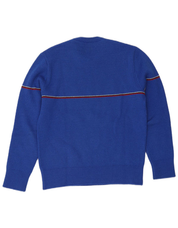 Vintage hombres cuello redondo jersey suéter pequeño azul rayas lana