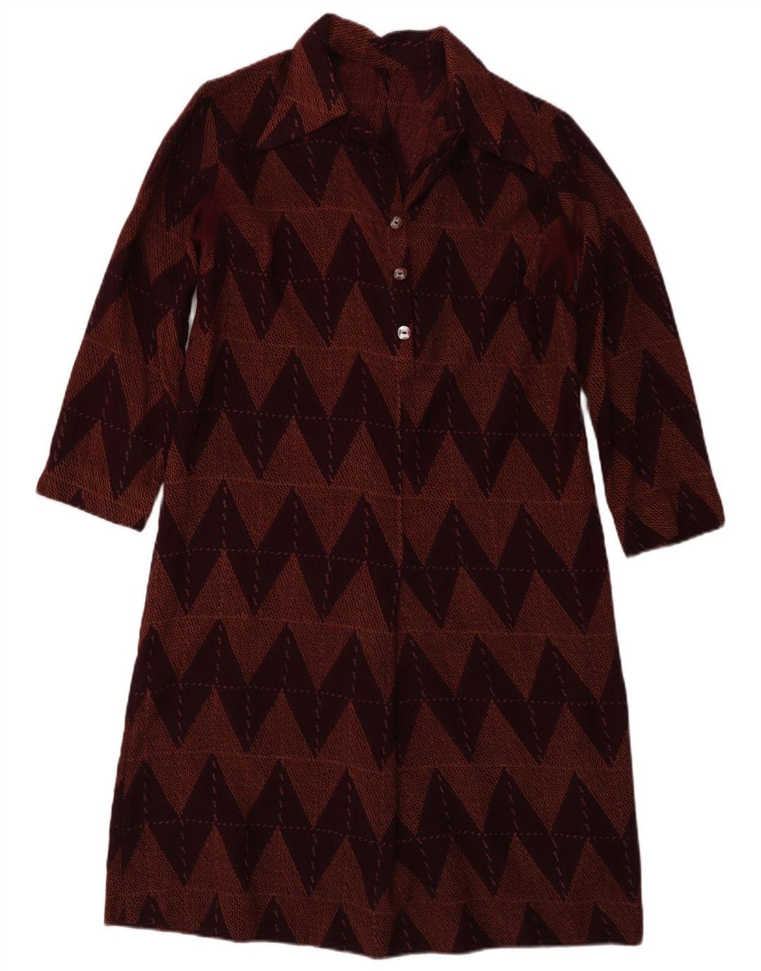 Vintage mujer 3/4 manga vestido básico Reino Unido 12 medio borgoña Chevron