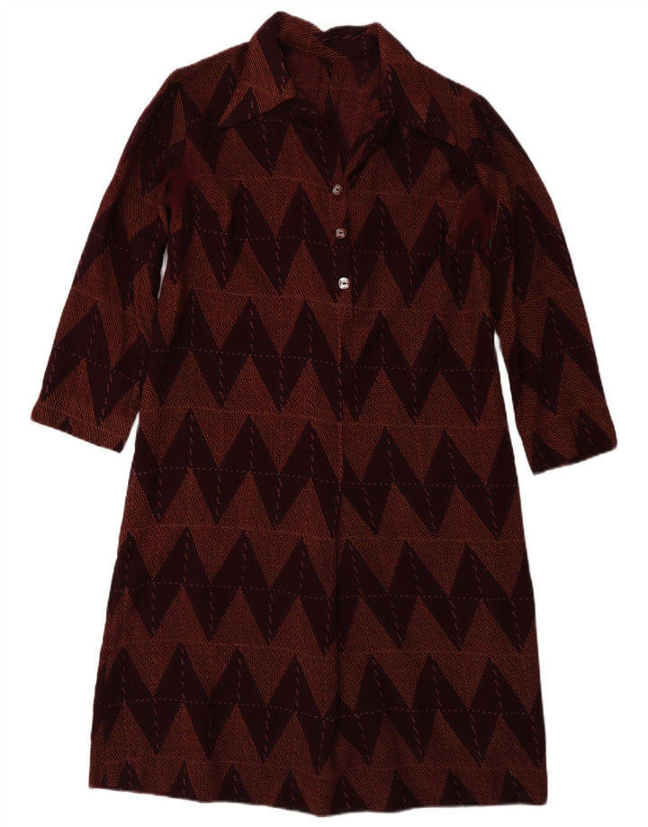 Vintage mujer 3/4 manga vestido básico Reino Unido 12 medio borgoña Chevron