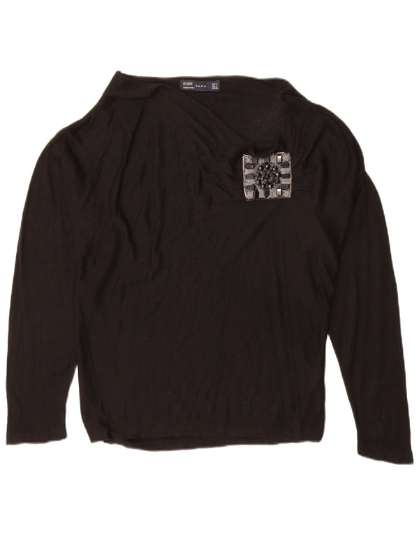 Zara Mujer Top Manga Larga UK 44 Medium Viscosa Negra