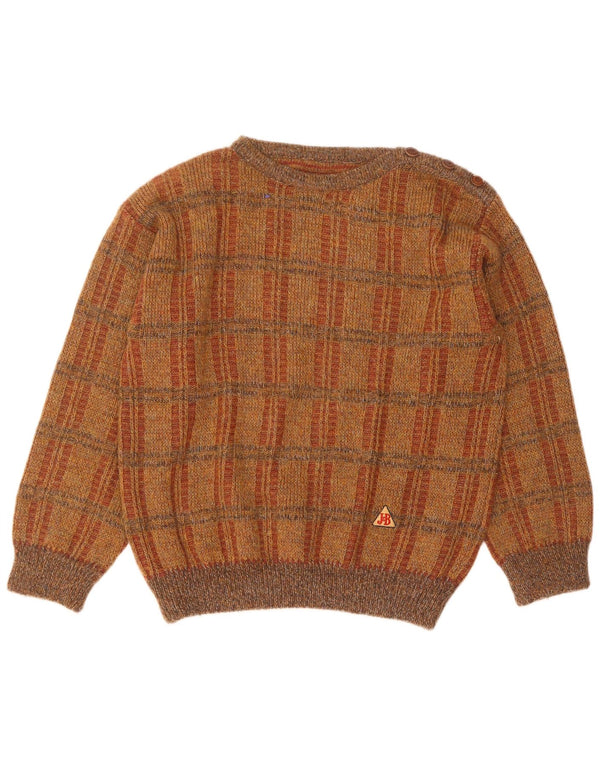 Vintage hombres barco cuello jumper suéter grande marrón comprobar acrílico