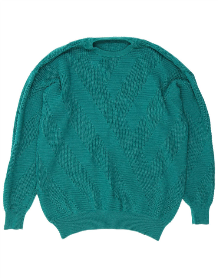 Vintage hombres cuello redondo jersey suéter medio turquesa