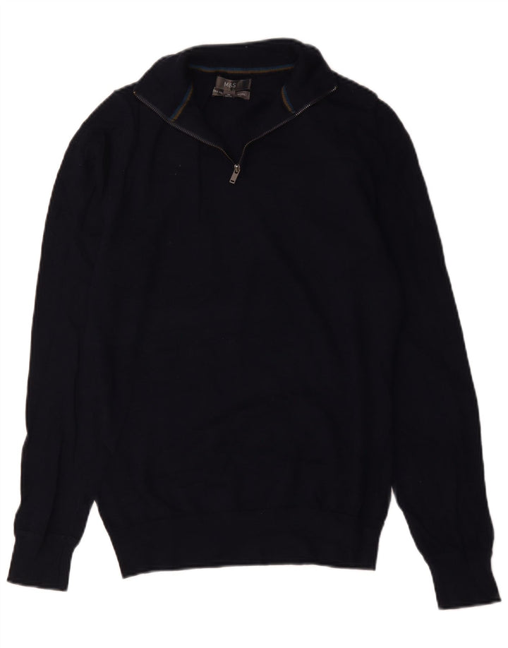 Marks & Spencer - Jersey para hombre con cuello y cremallera, talla pequeña, lana merino, color azul marino