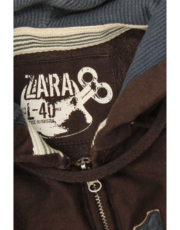 Zara Mens Graphic Zip Sudadera con capucha EU 40 Marrón medio
