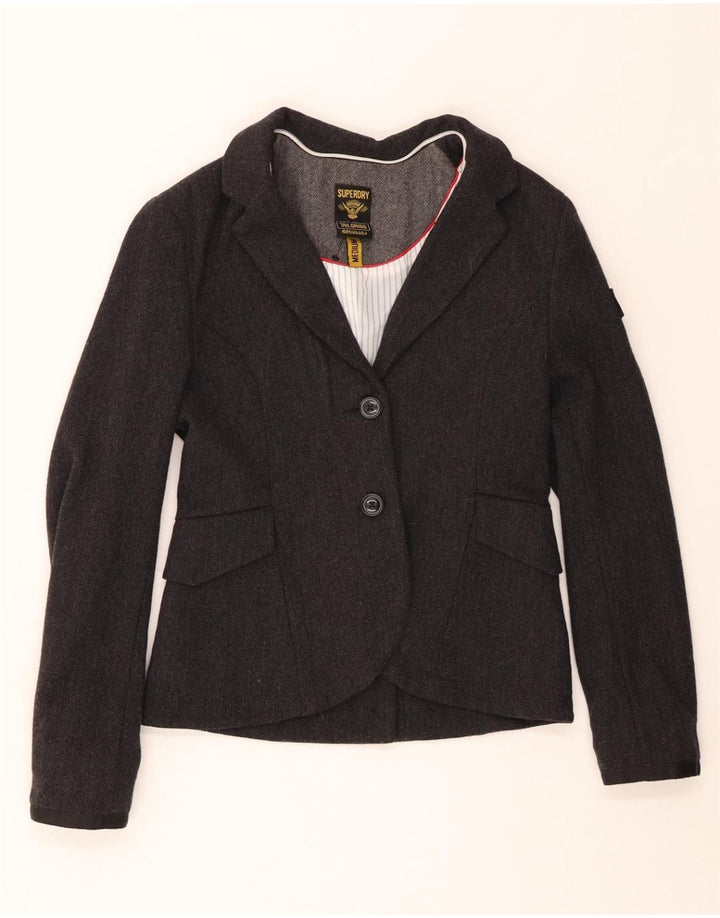SUPERDRY Chaqueta tipo blazer de 2 botones para mujer UK 40 Lana en espiga gris medio