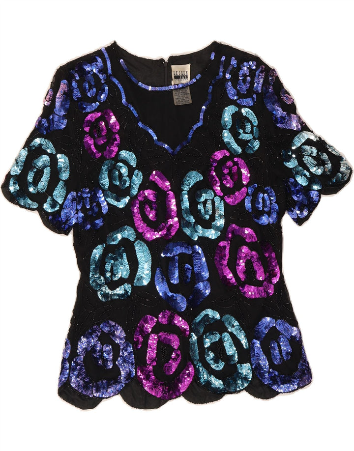 LESLIE FAY Womens Evening Abstract Pattern Blouse Top UK 12 Medium Black Vintage Leslie Fay and Second-Hand Leslie Fay from Messina Hembry 