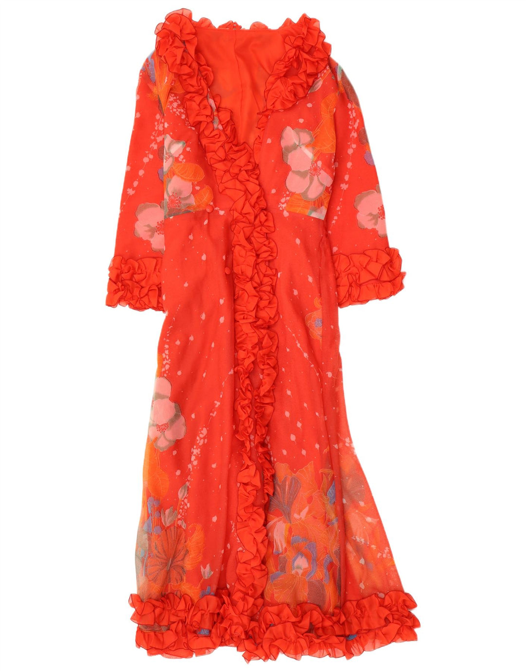 VINTAGE Mujer Ruffle Robe Maxi Vestido Reino Unido 12 Medio Rojo Floral