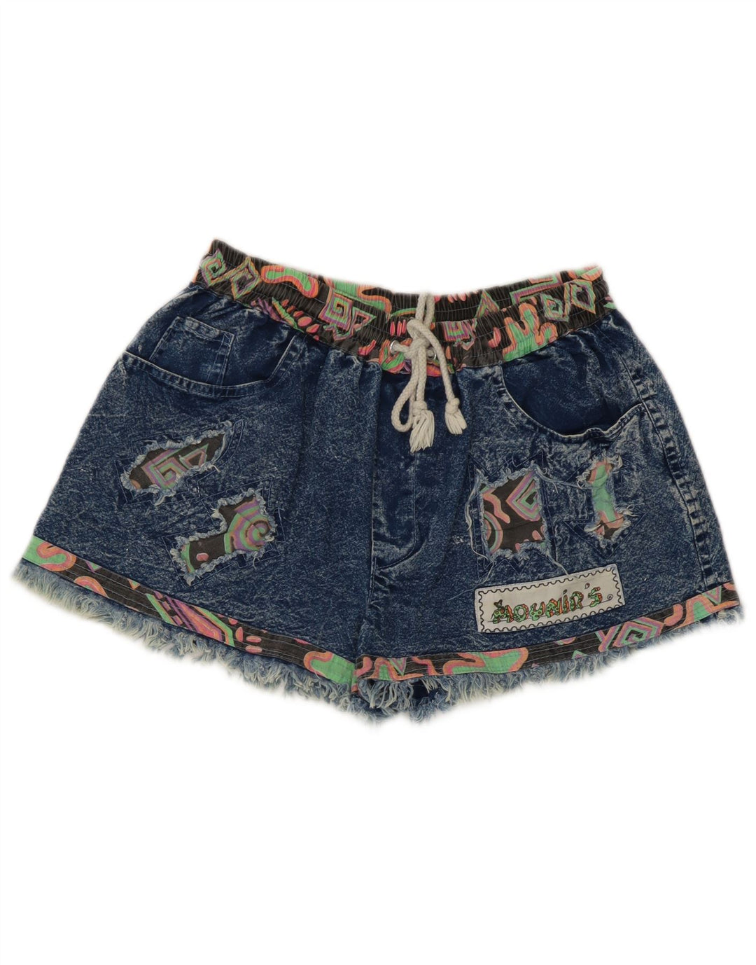 Vintage mujer denim pantalones cortos medio W28 azul patchwork