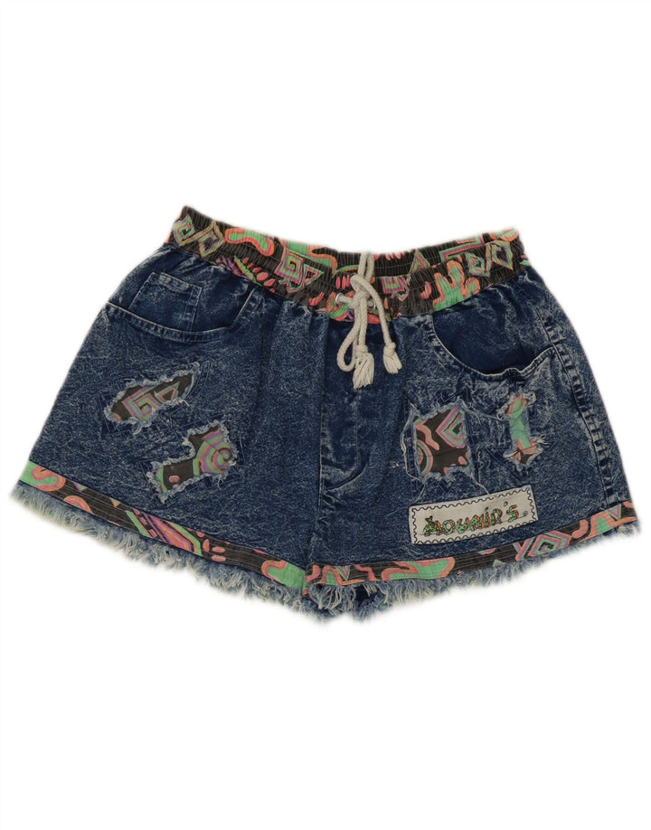 Vintage mujer denim pantalones cortos medio W28 azul patchwork