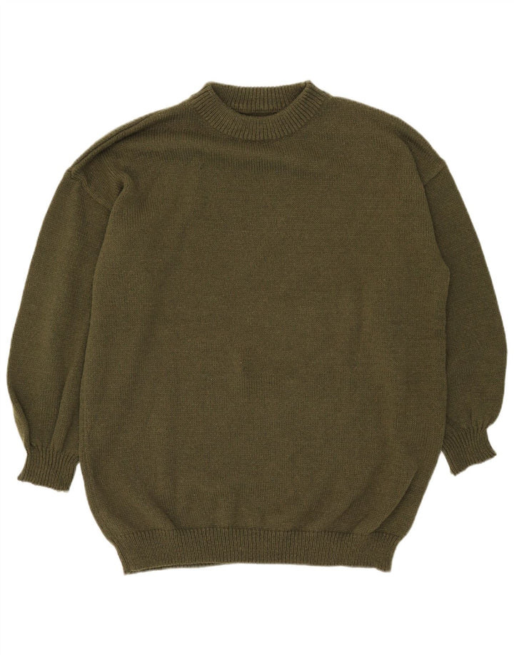 Vintage hombres cuello redondo jersey suéter grande caqui poliéster