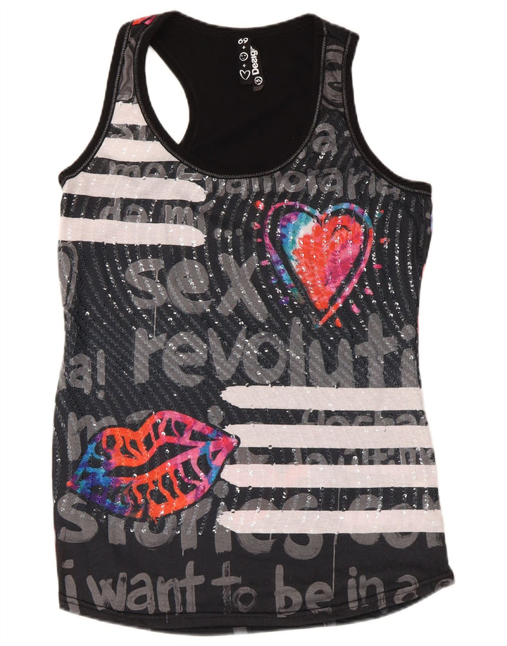 Desigual Mujer Gráfico Chaleco Top UK 18 XL Poliéster Negro