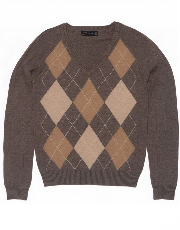 Zara Jersey corto con cuello en V para mujer UK 44 Grande Gris Argyle/Diamante