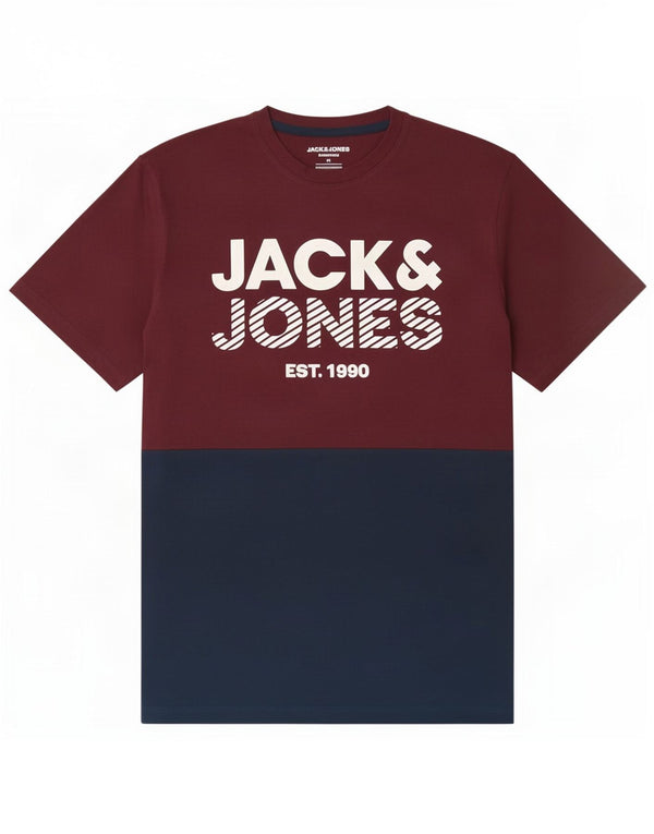Jack & Jones Hombre Camiseta gráfica Top Medium Borgoña Colorblock Algodón
