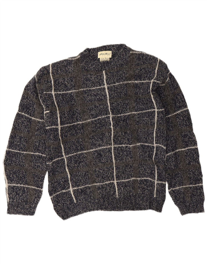 Eddie Bauer Jersey de cuello redondo para hombre de lana a cuadros azul marino mediano
