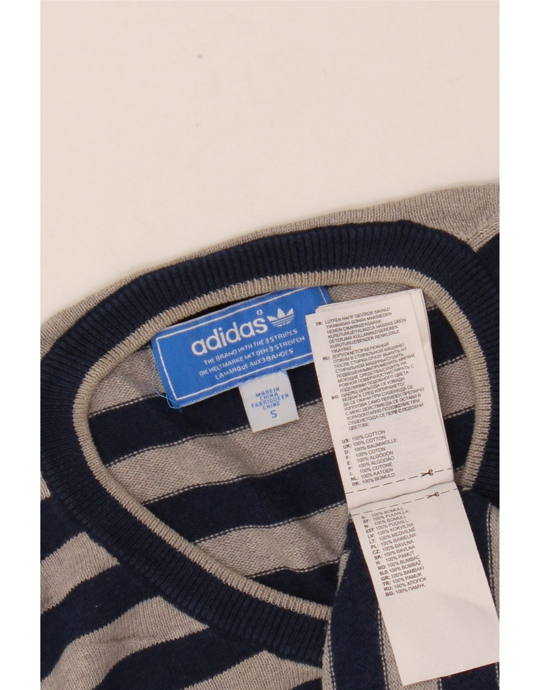 ADIDAS Jersey con cuello en V para hombre pequeño algodón a rayas azul marino