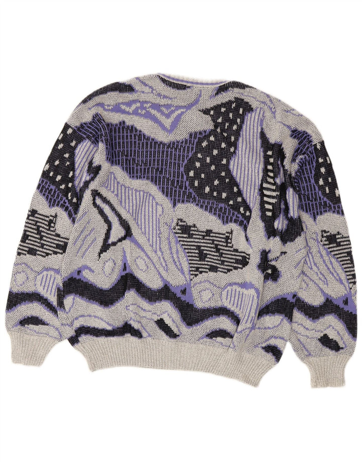 VINTAGE Mujeres Patrón Abstracto Cuello Redondo Jersey Suéter Reino Unido 20 2XL Gris