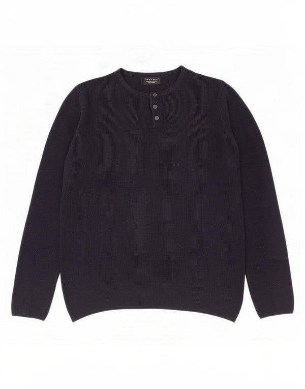 Zara Mens Botón Cuello Jersey Suéter Pequeño Azul Marino Acrílico