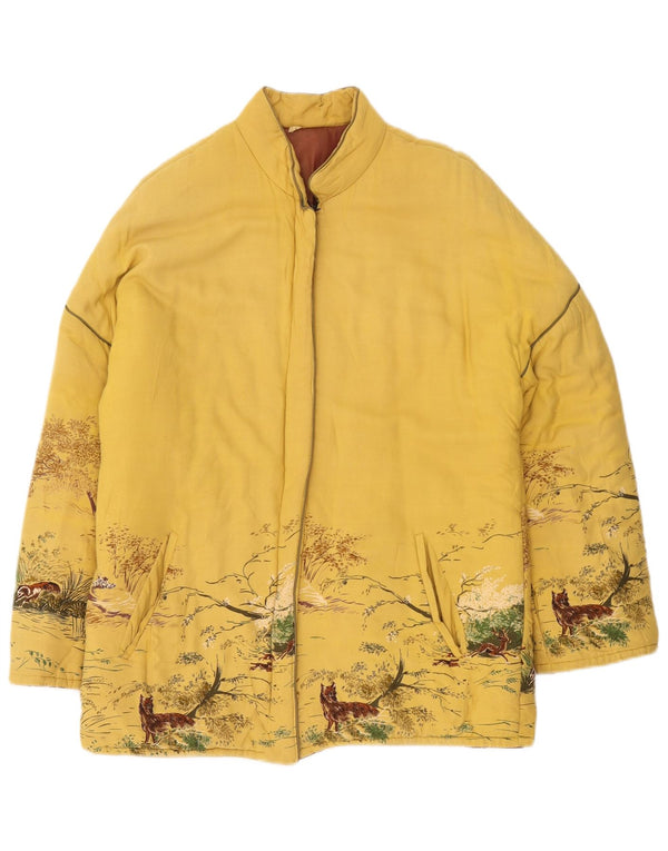 Vintage mujer chaqueta acolchada Reino Unido 16 poliéster amarillo grande con estampado animal