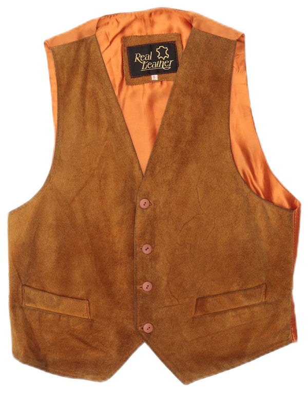 VINTAGE Mens Suede Waistcoat Small Brown Leather