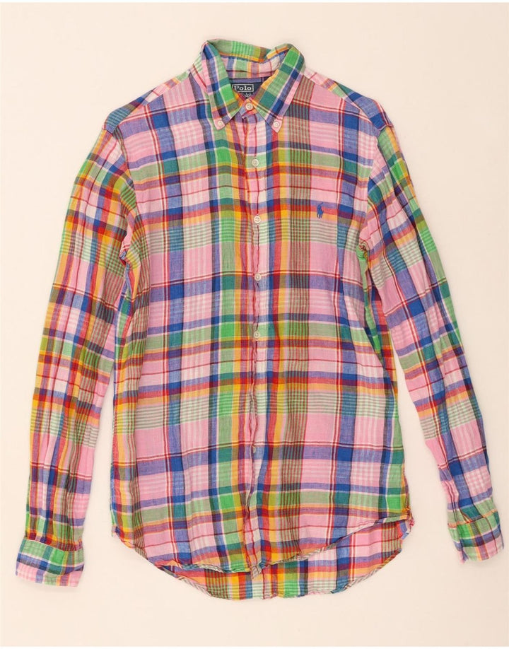 Polo Ralph Lauren Camisa de ajuste personalizado para hombre, talla pequeña, lino a cuadros multicolor